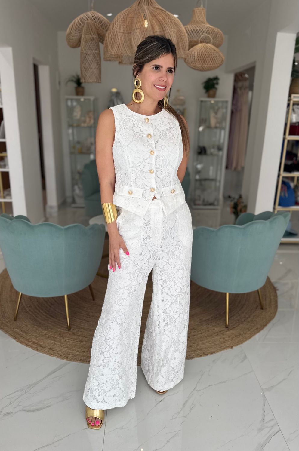 White Lace Elegant Pant Set