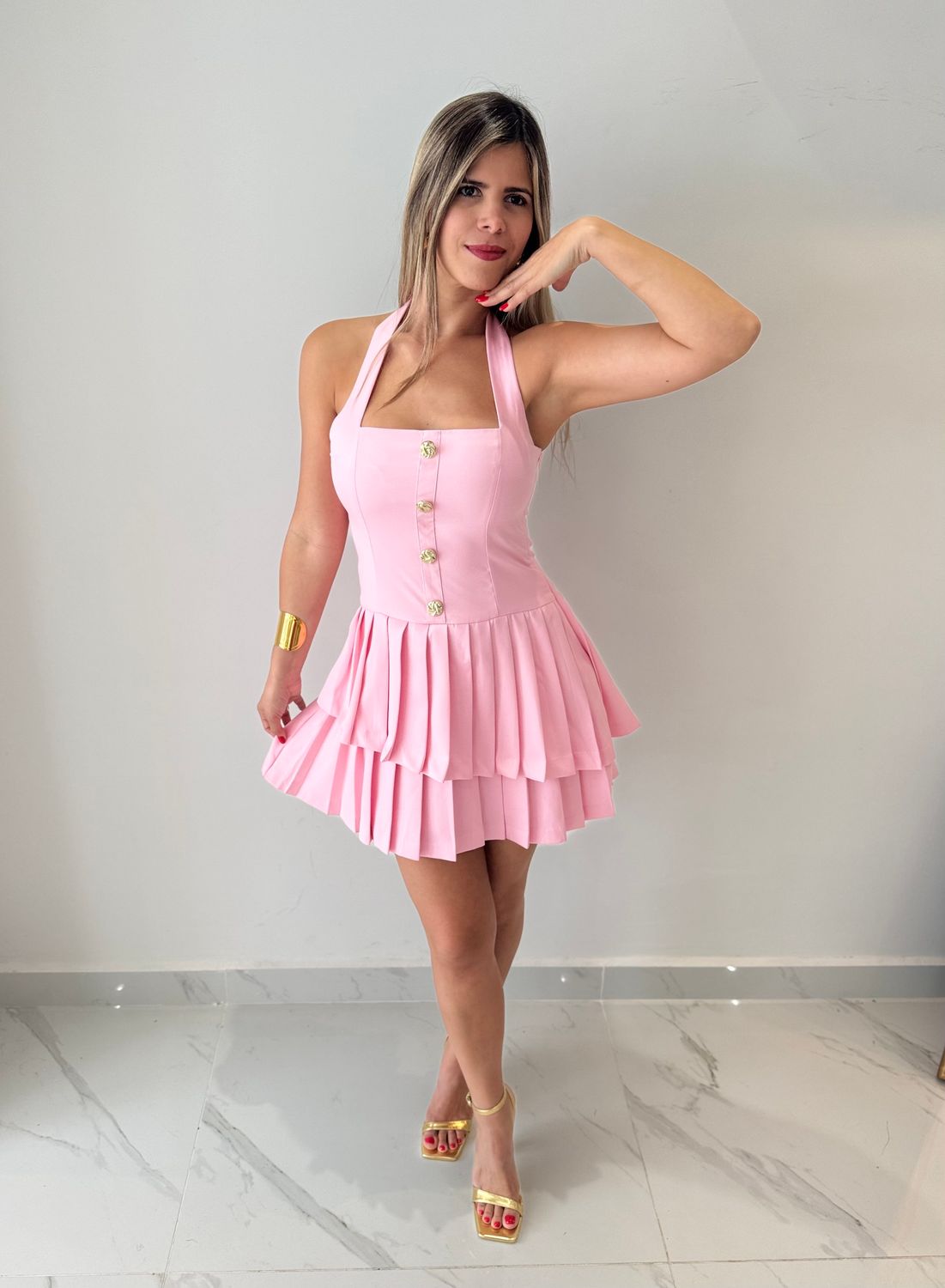 Pink Pleated Skirt Short Dress