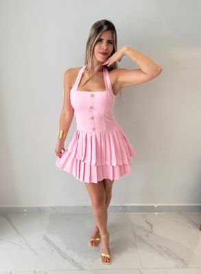 Pink Pleated Skirt Short Dress