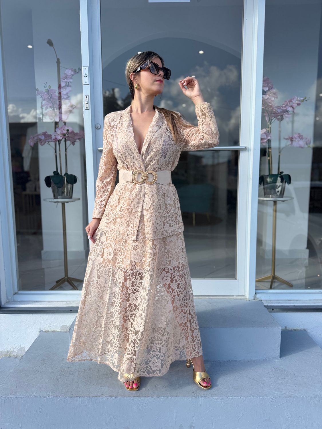 Nude Lace Skirt Set