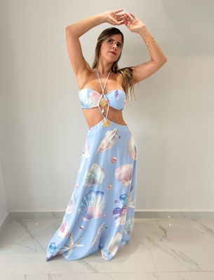 Seashells Light Blue Maxi Dress