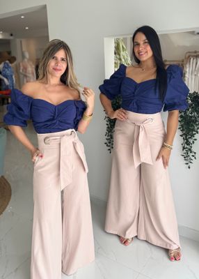 Navy Blouse With Nude Pant Nostrum Brand Set