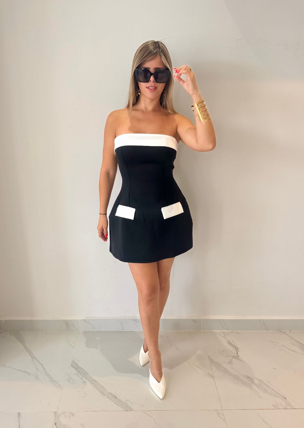 Black &amp; White Strapless Short Dress