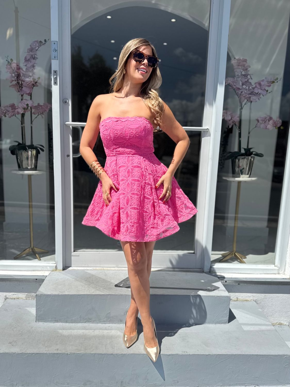 Pink Lace Strapless Short Dress