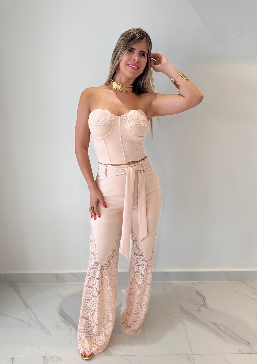 Peach Pastel Lace Bustier Set