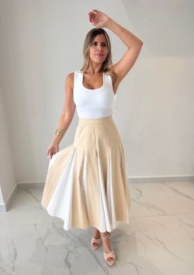 Cream &amp; White Pleated Skirt