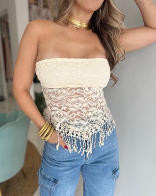 Bone White Lace Strapless Top