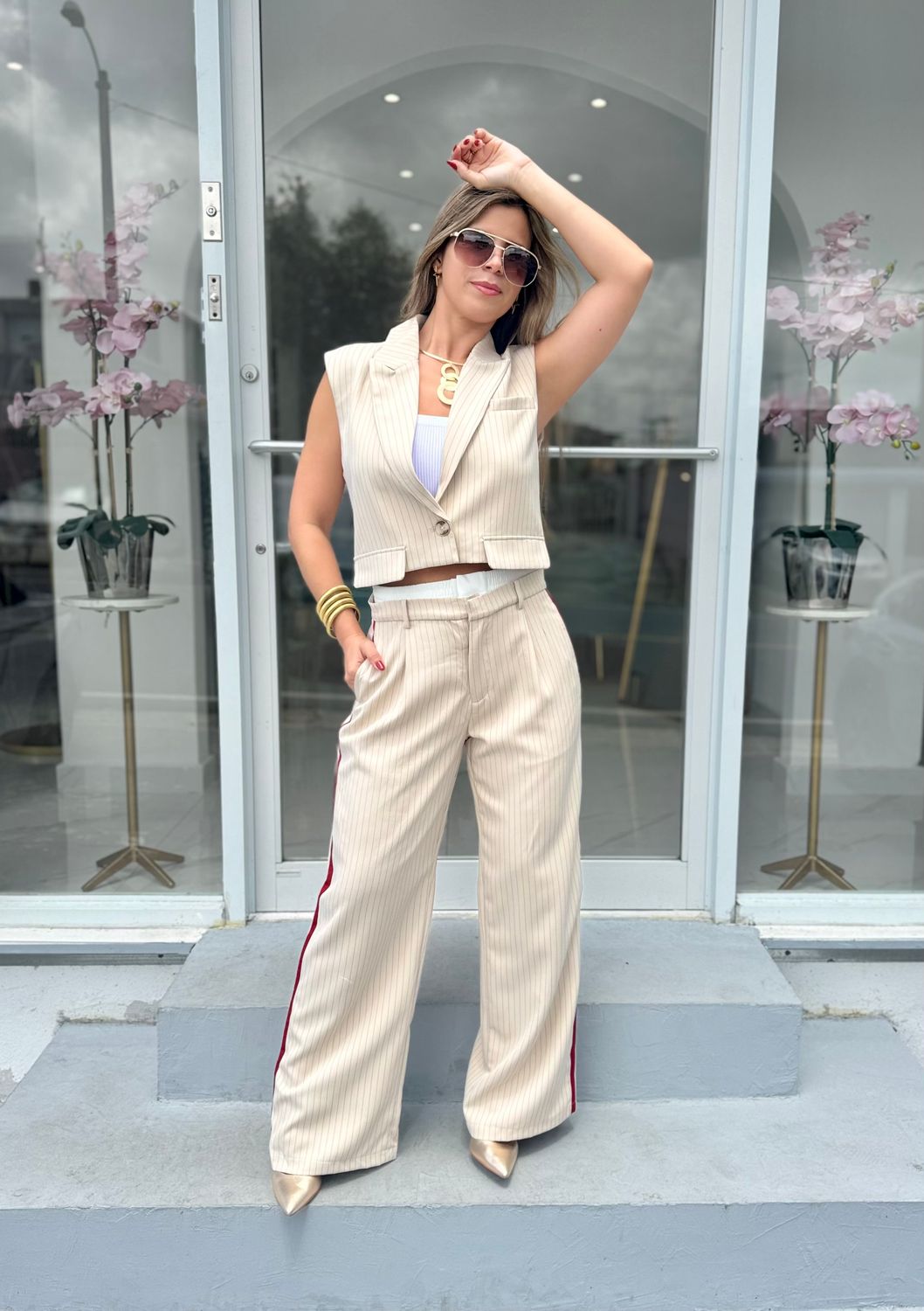 Casual Business Nude Striped Pant Set