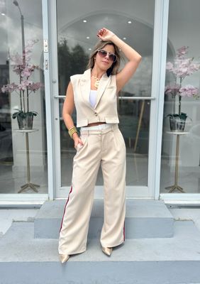 Casual Business Nude Striped Pant Set