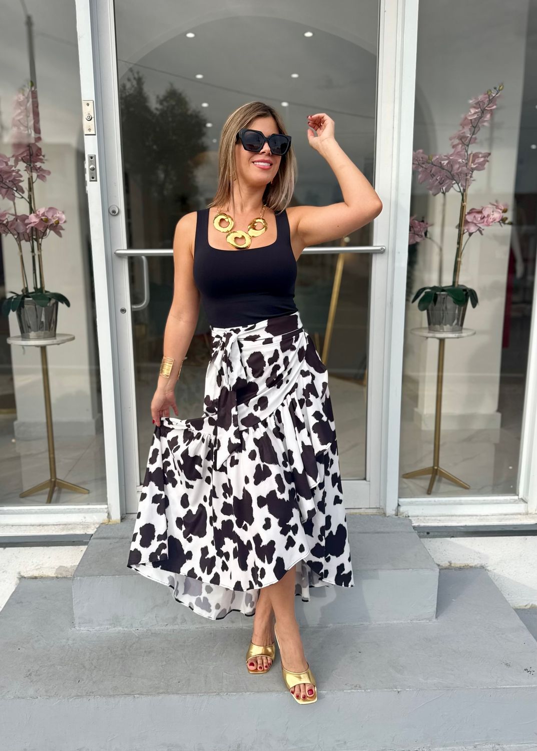 Black Cow Print Wrap Around Skirt