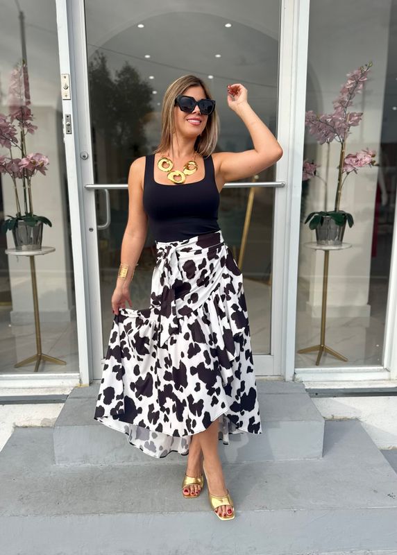 Black Cow Print Wrap Around Skirt