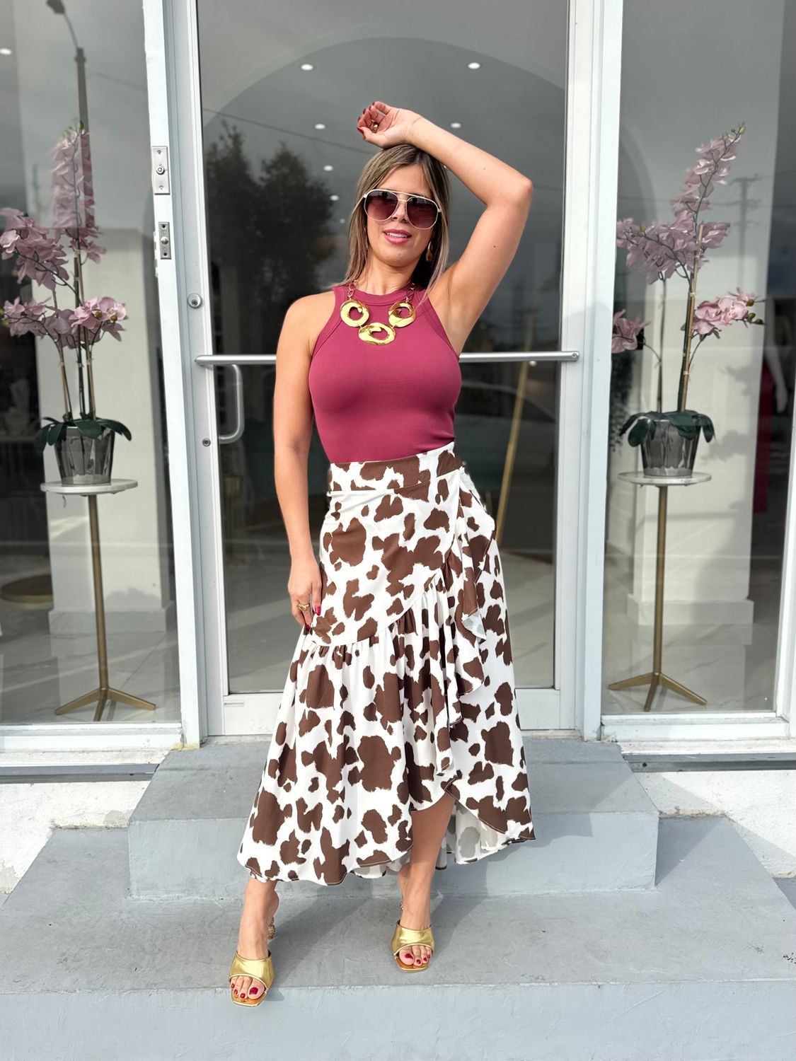 Brown Cow Print Wrap Around Skirt
