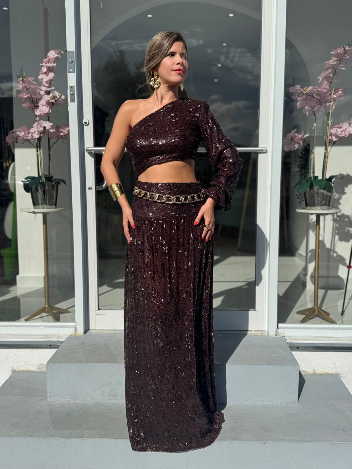 Brown Sequin Chain Belt Dress