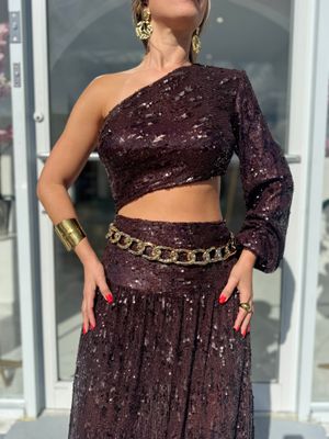 Brown Sequin Chain Belt Dress