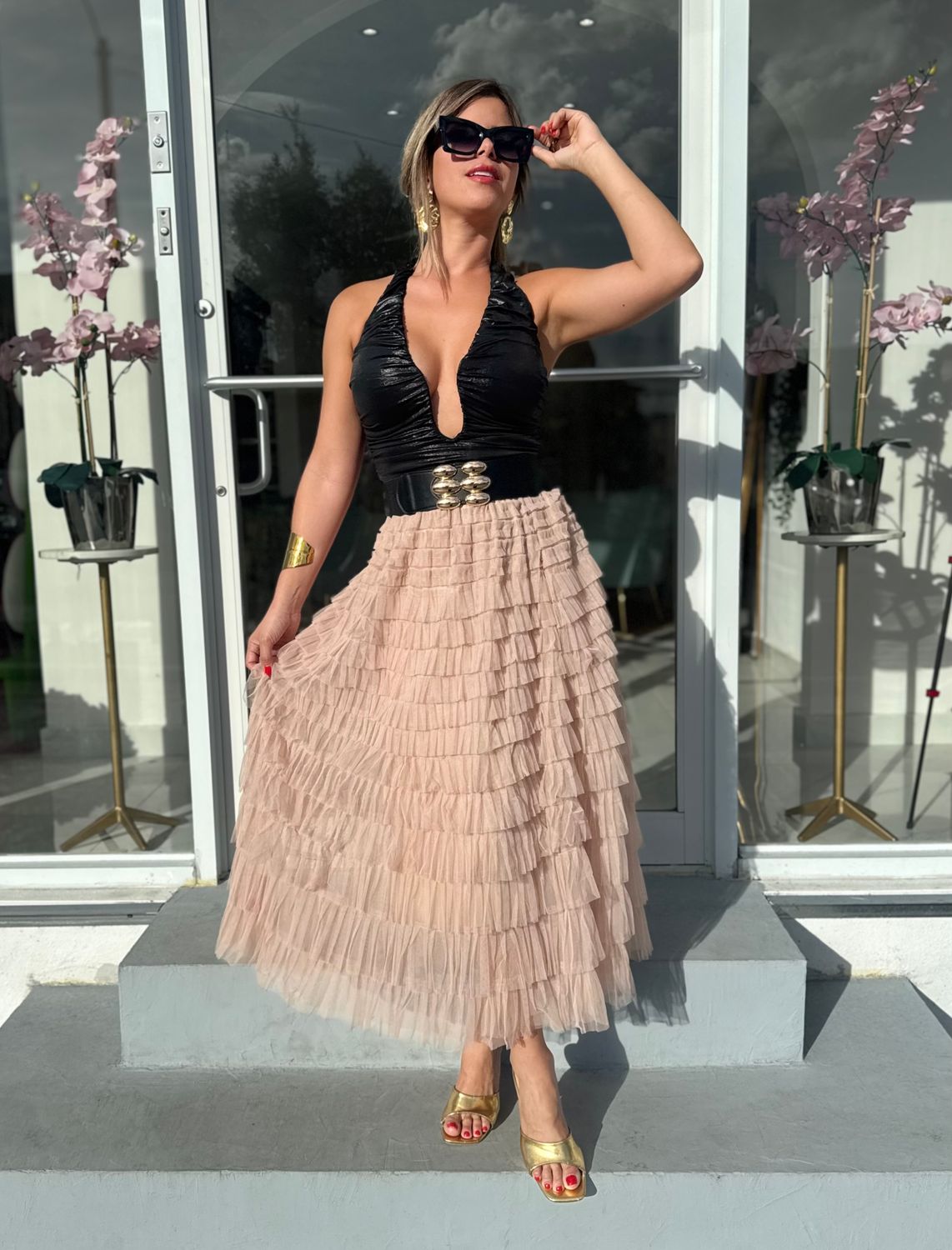 Tulle Nude Midi Skirt