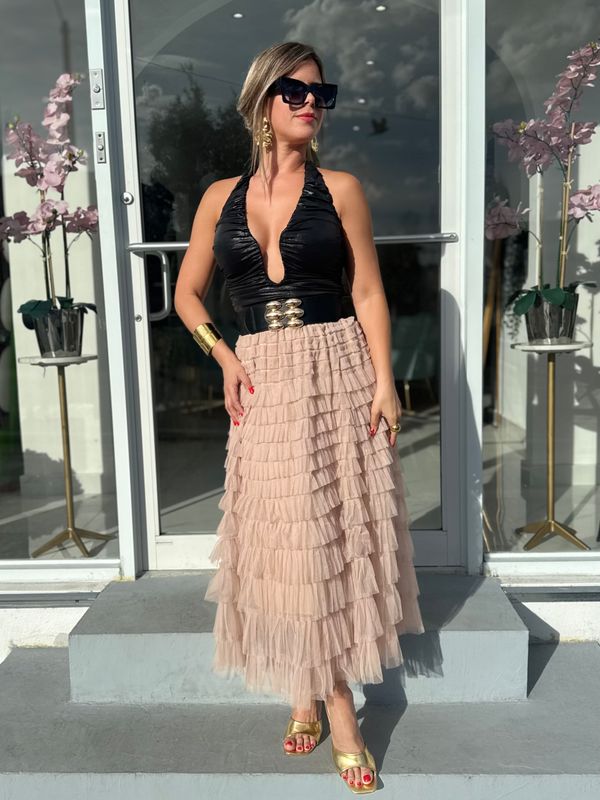 Tulle Nude Midi Skirt