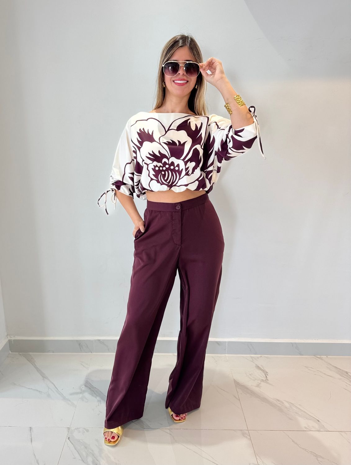 Burgundy Flower Pant Set