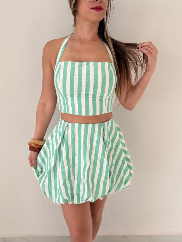 Green Stripes Skirt Set