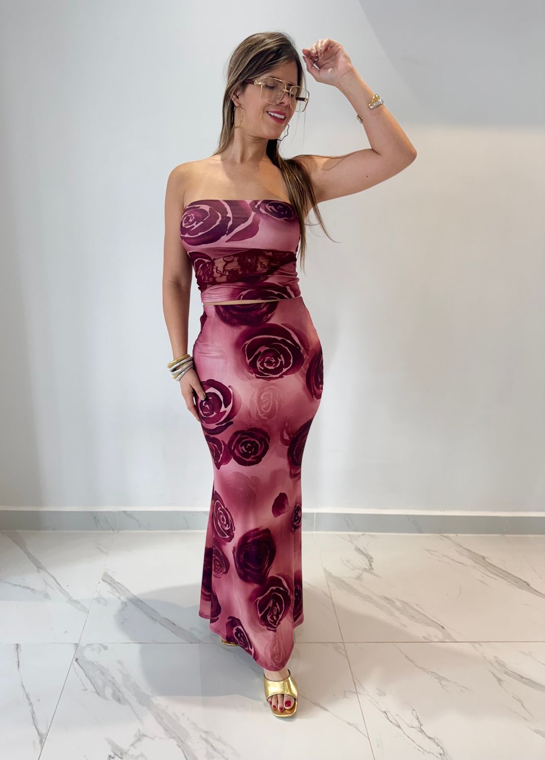 Burgundy Flowers Skirt Set