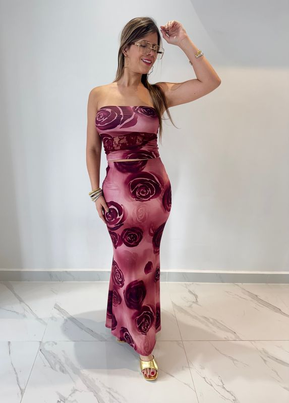 Burgundy Flowers Skirt Set