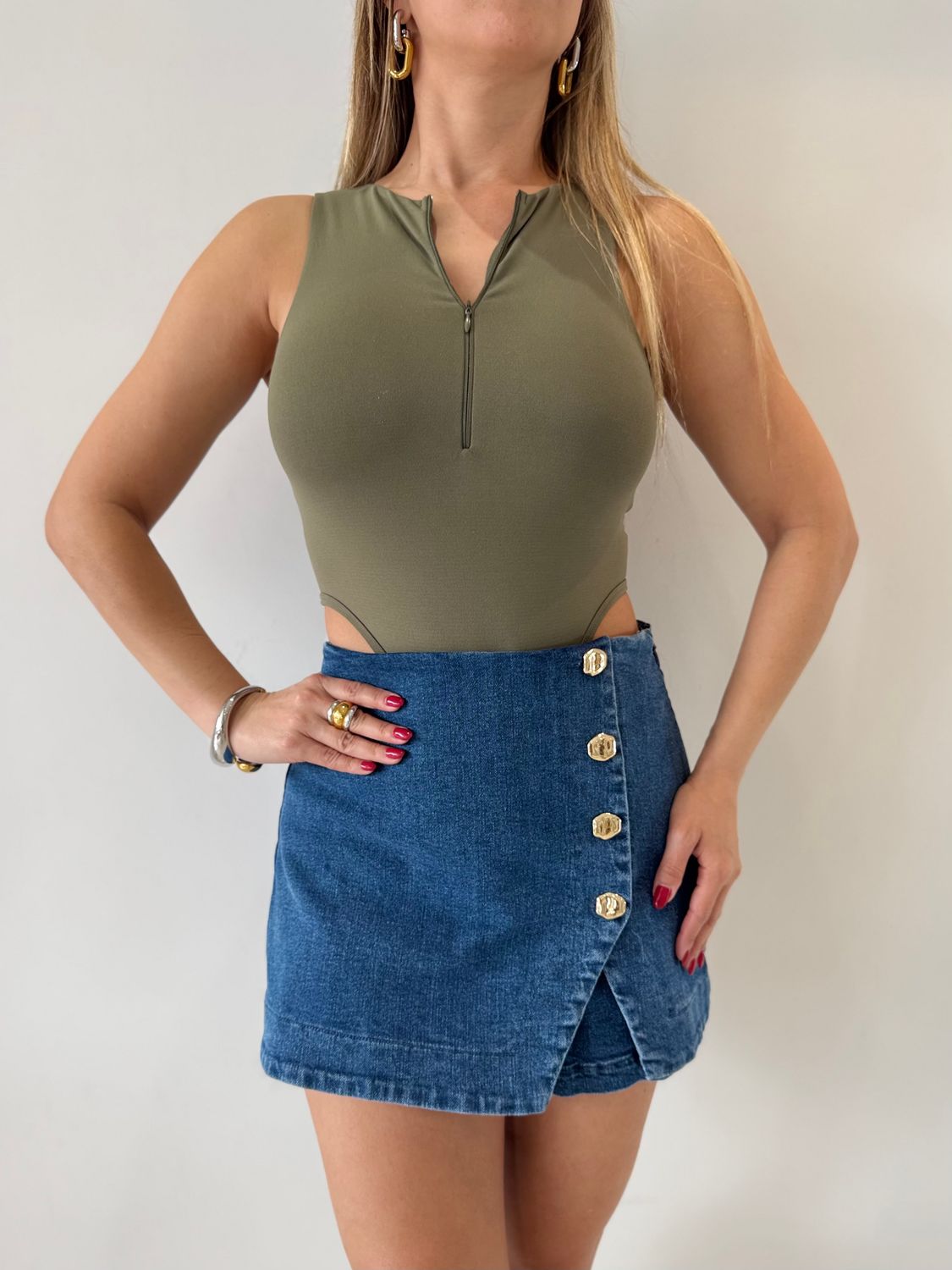 Gold Buttons Denim Skort