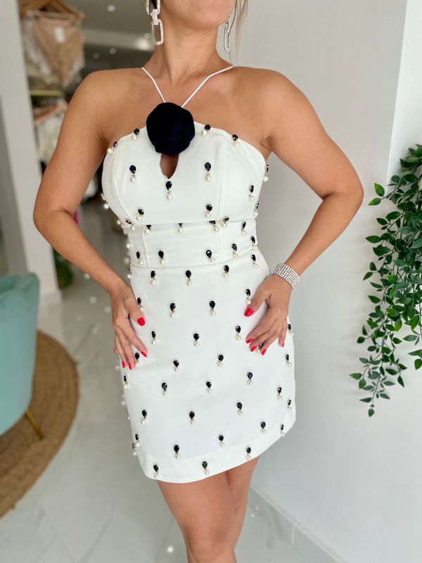 Premium Collection White With Black Stones &amp; Pearls Dress
