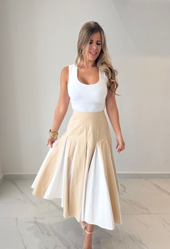 Cream &amp; White Pleated Skirt