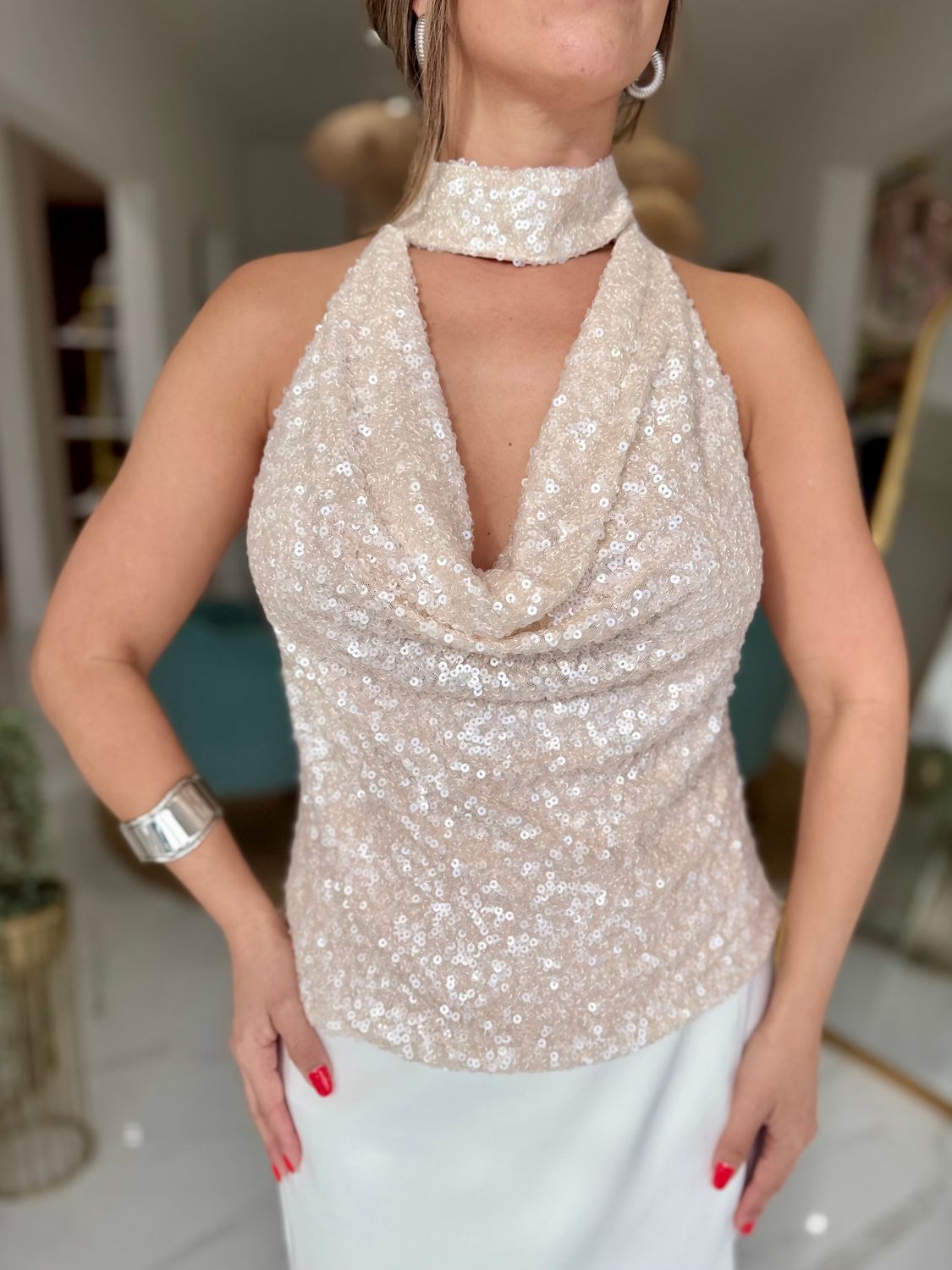 Champagne Sequin Halter Top