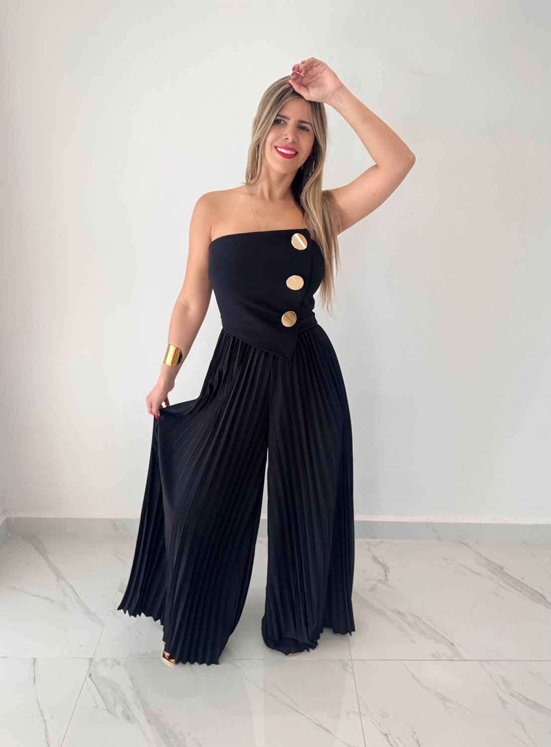 Black Strapless Pleated Jumpsuit