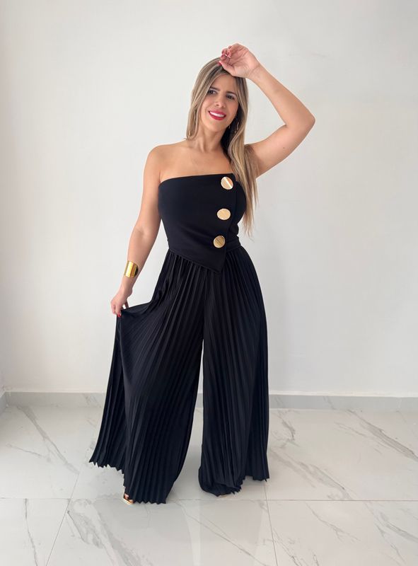 Black Strapless Pleated Jumpsuit