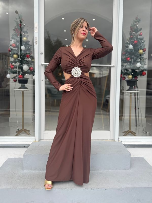 Brown Long Sleeve Formal Dress