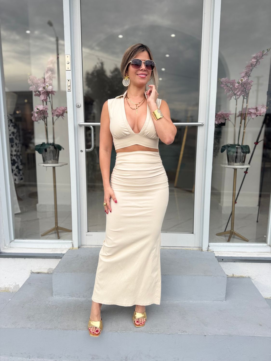 Beige Casual Skirt Set