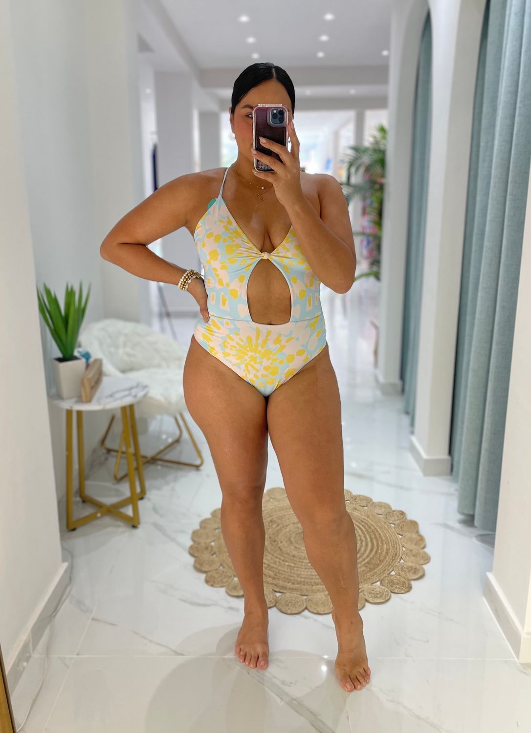 Light Blue &amp; Yellow Printed One Piece Swimsuit