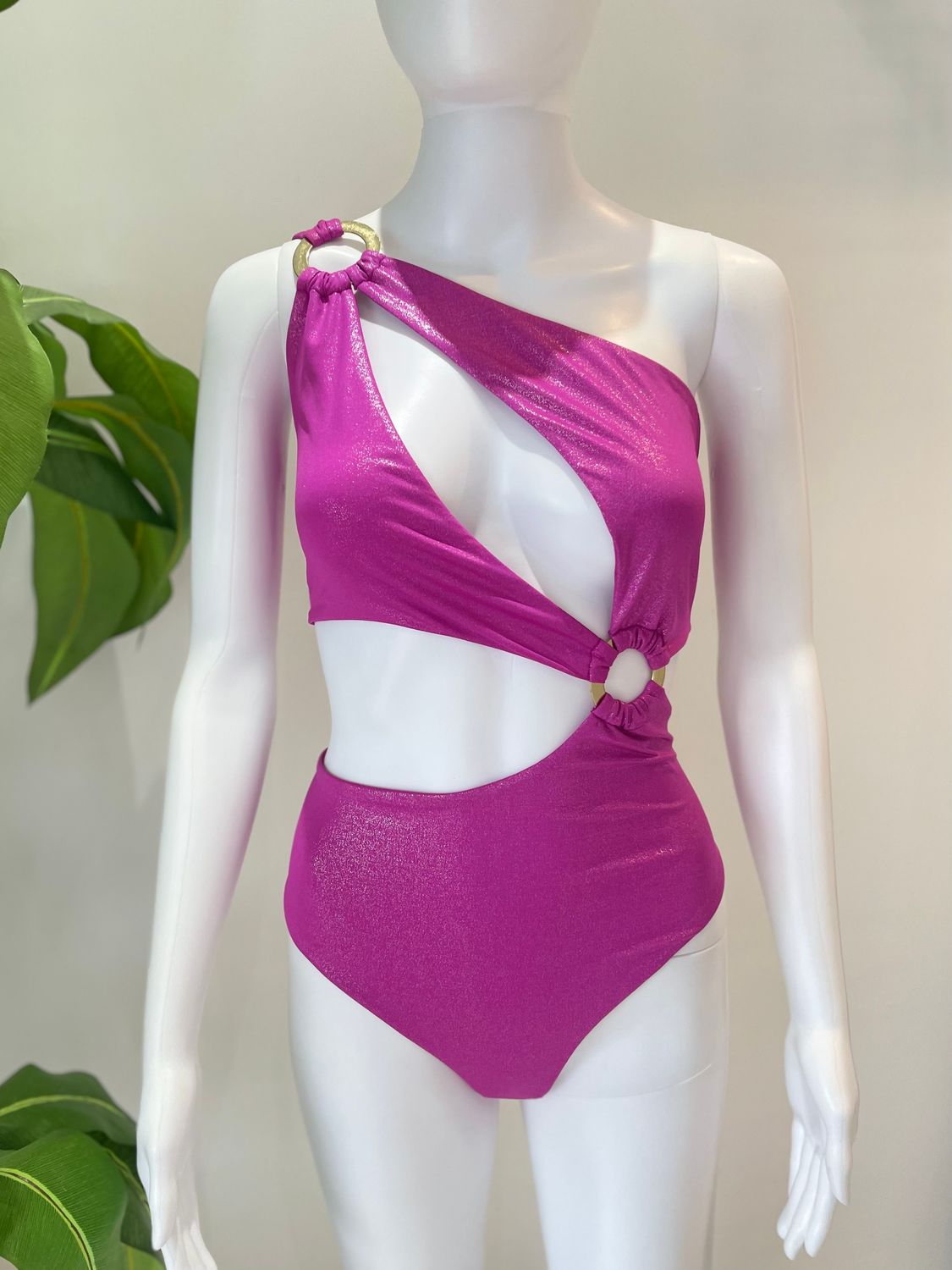 Magenta Metallic Sexy One Piece Swimsuit.