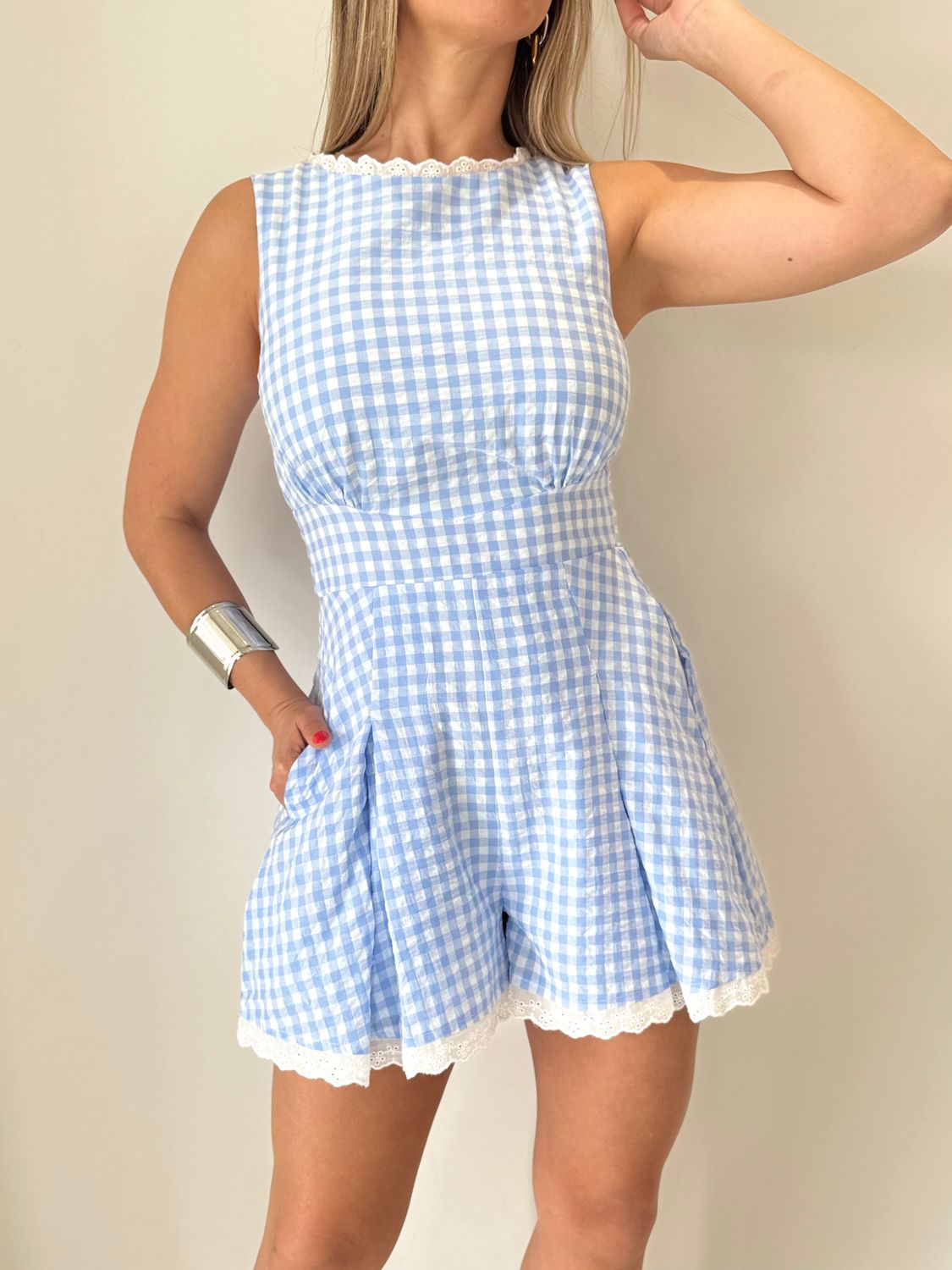 Light Blue Ginhgam Romper
