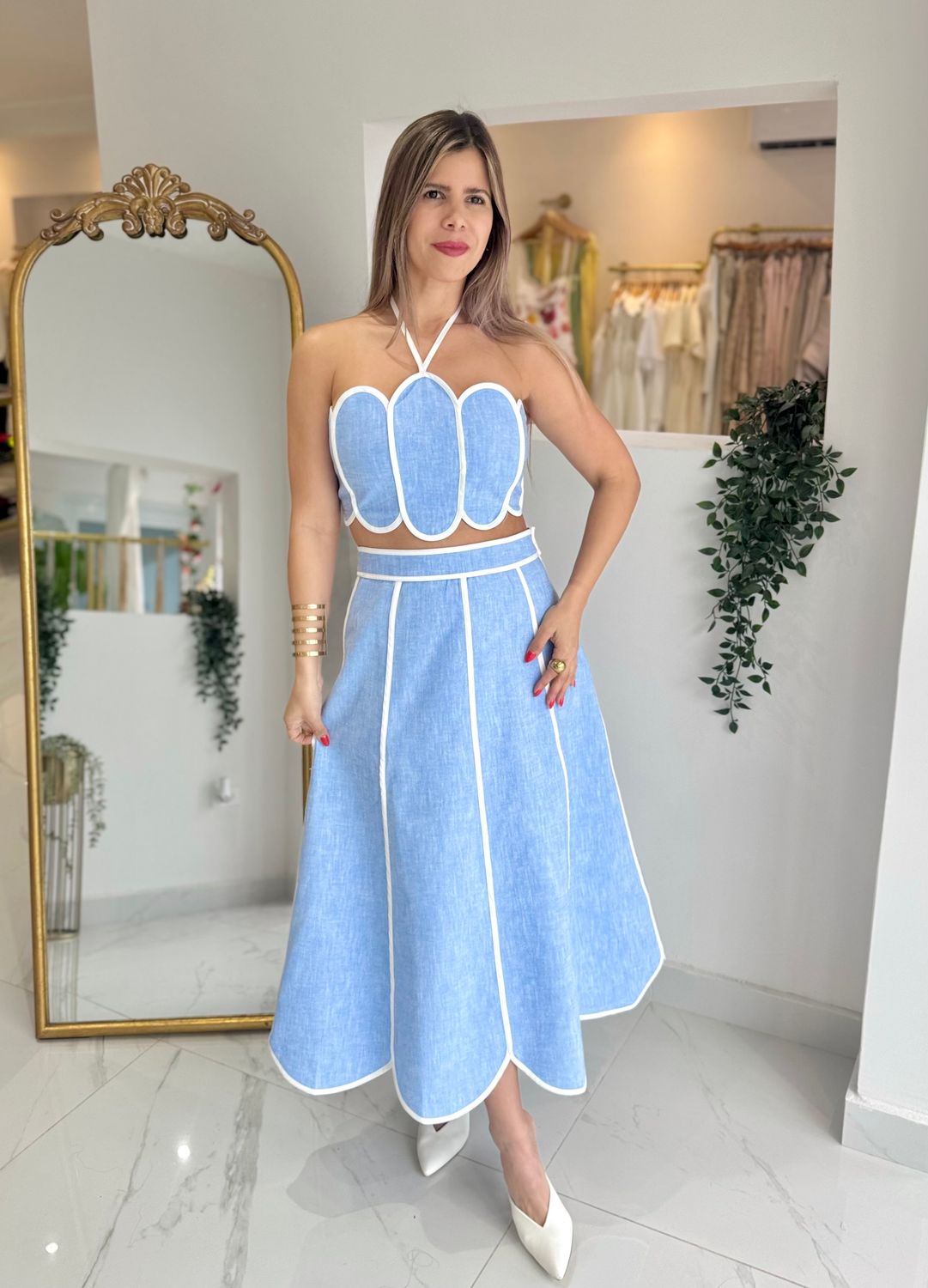 Light Blue Midi Skirt Set