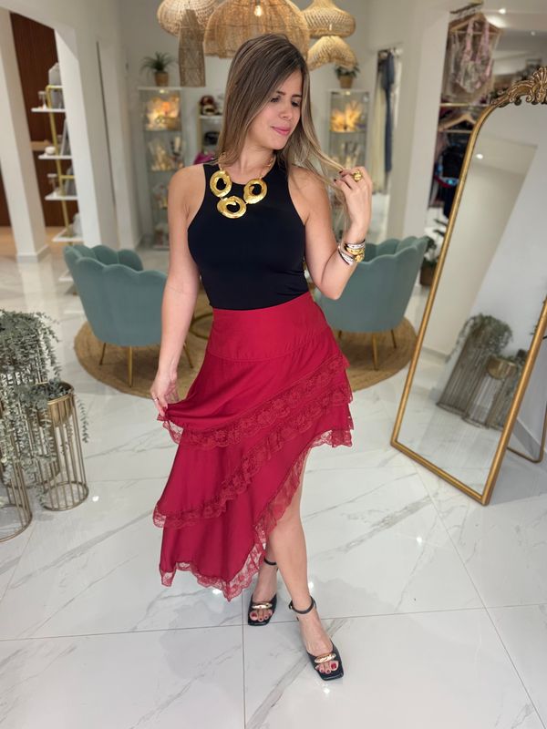 Burgundy Asimetric Lace Skirt