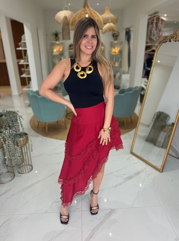 Burgundy Asimetric Lace Skirt
