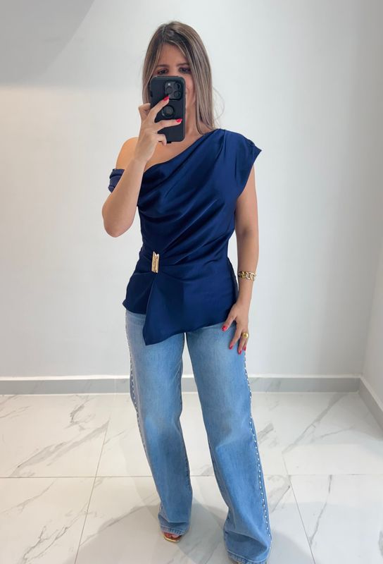 Navy Blue Elegant Satín Blouse