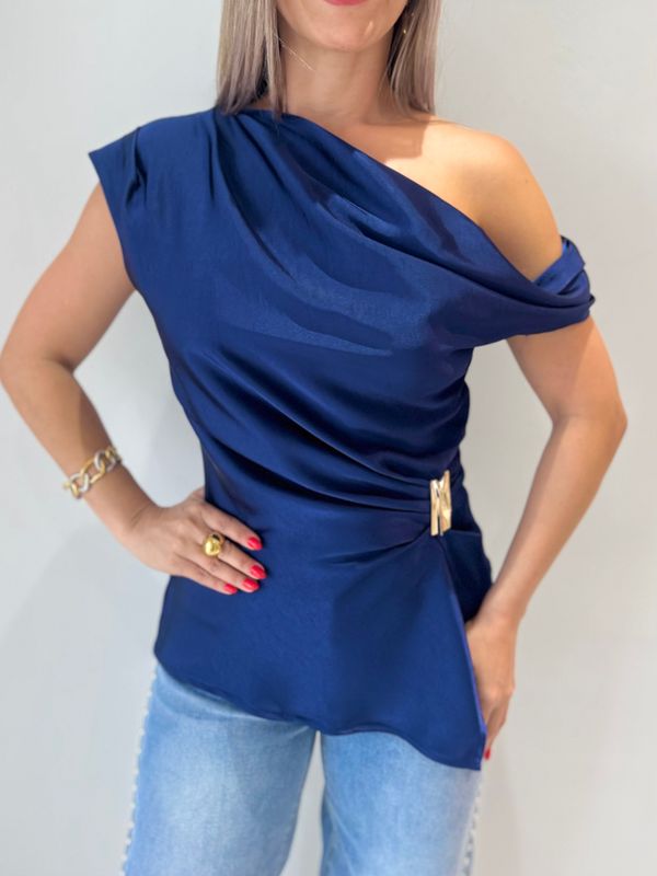 Navy Blue Elegant Satín Blouse