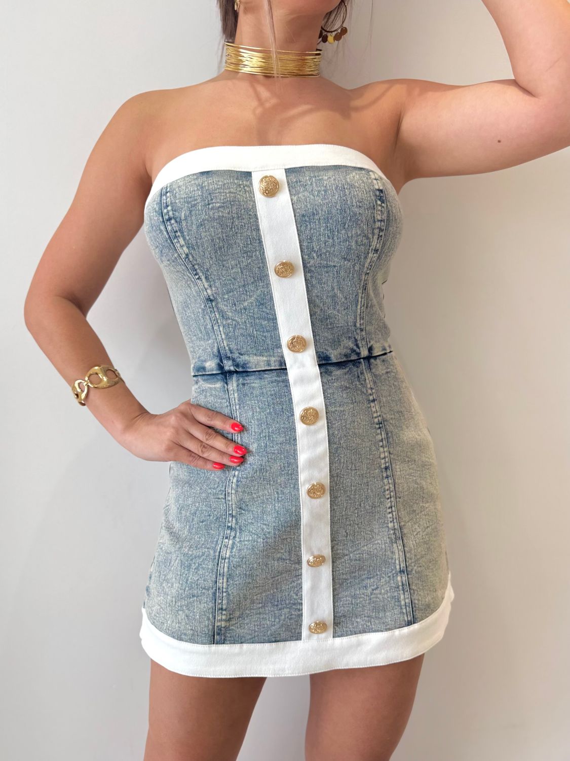 Dirty Wash Denim Strapless Romper