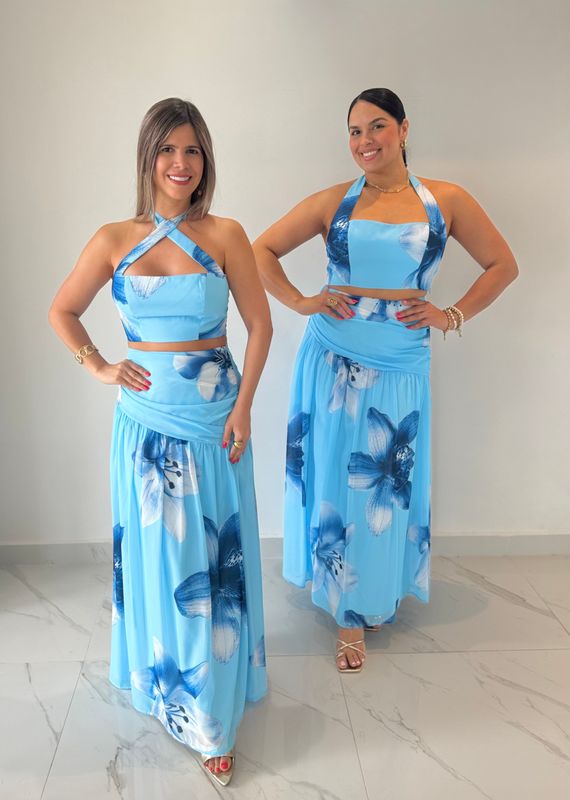 Blue Printed Skirt Set