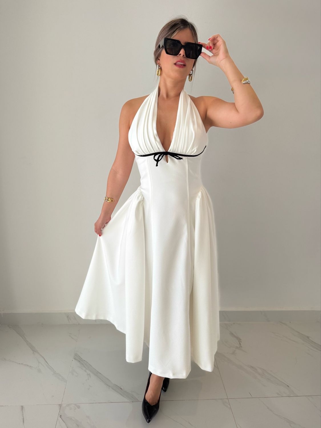 White Halter Classy Midi Dress
