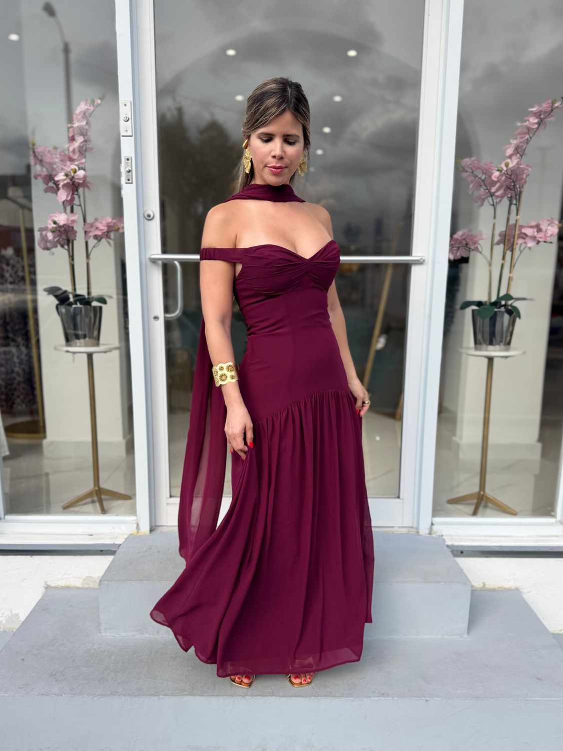 Burgundy Off Shoulder Formal Dress