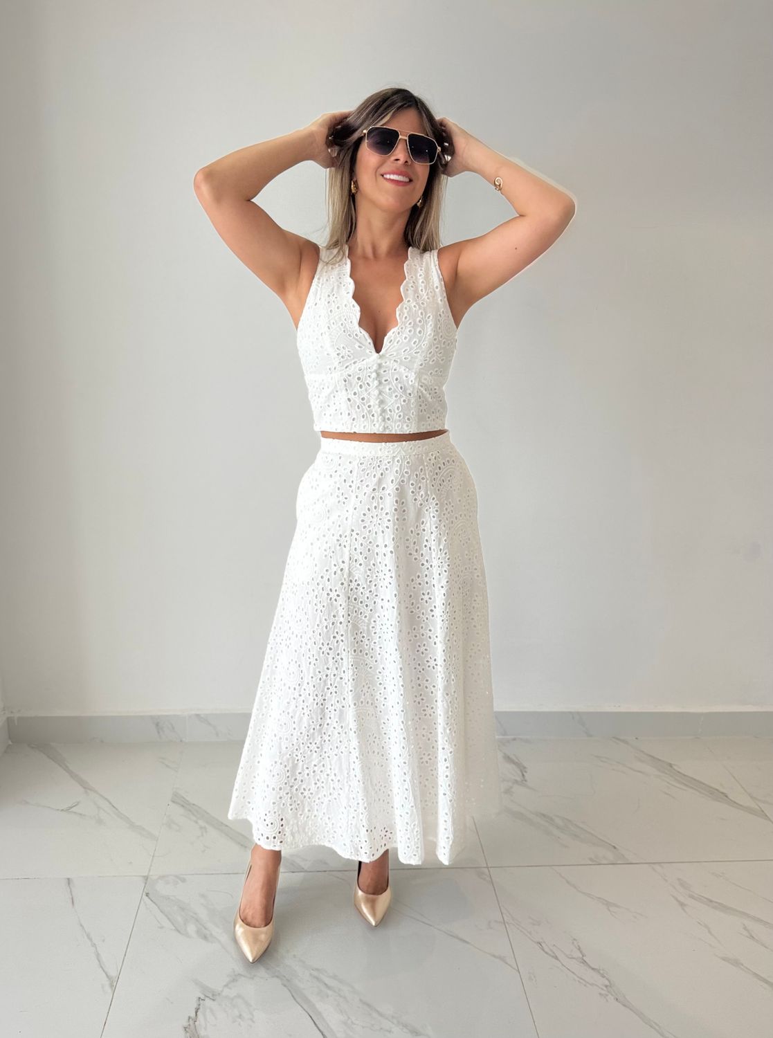 White Broderie Midi Skirt Set
