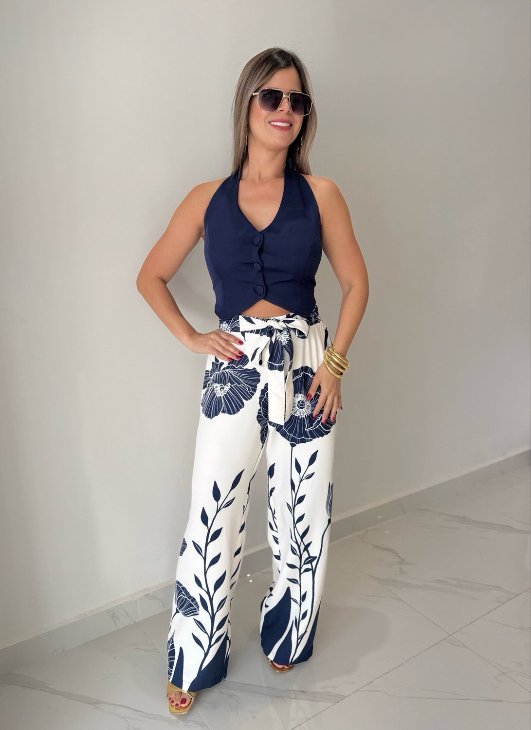 Navy Printed Casual Pant Set