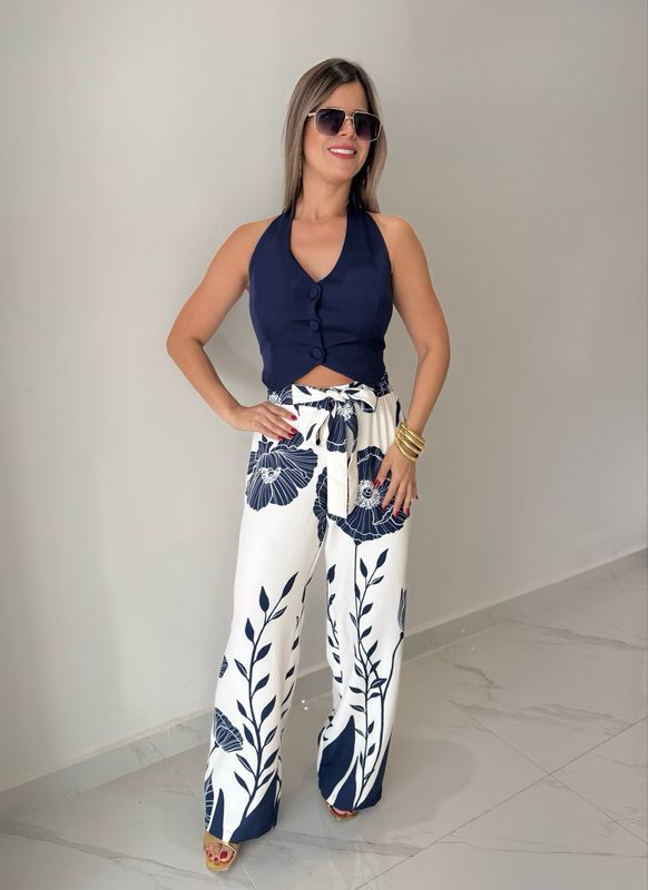 Navy Printed Casual Pant Set