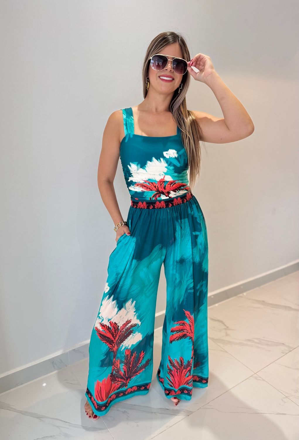 Teal &amp; Red Palm Trees Mesh Pant