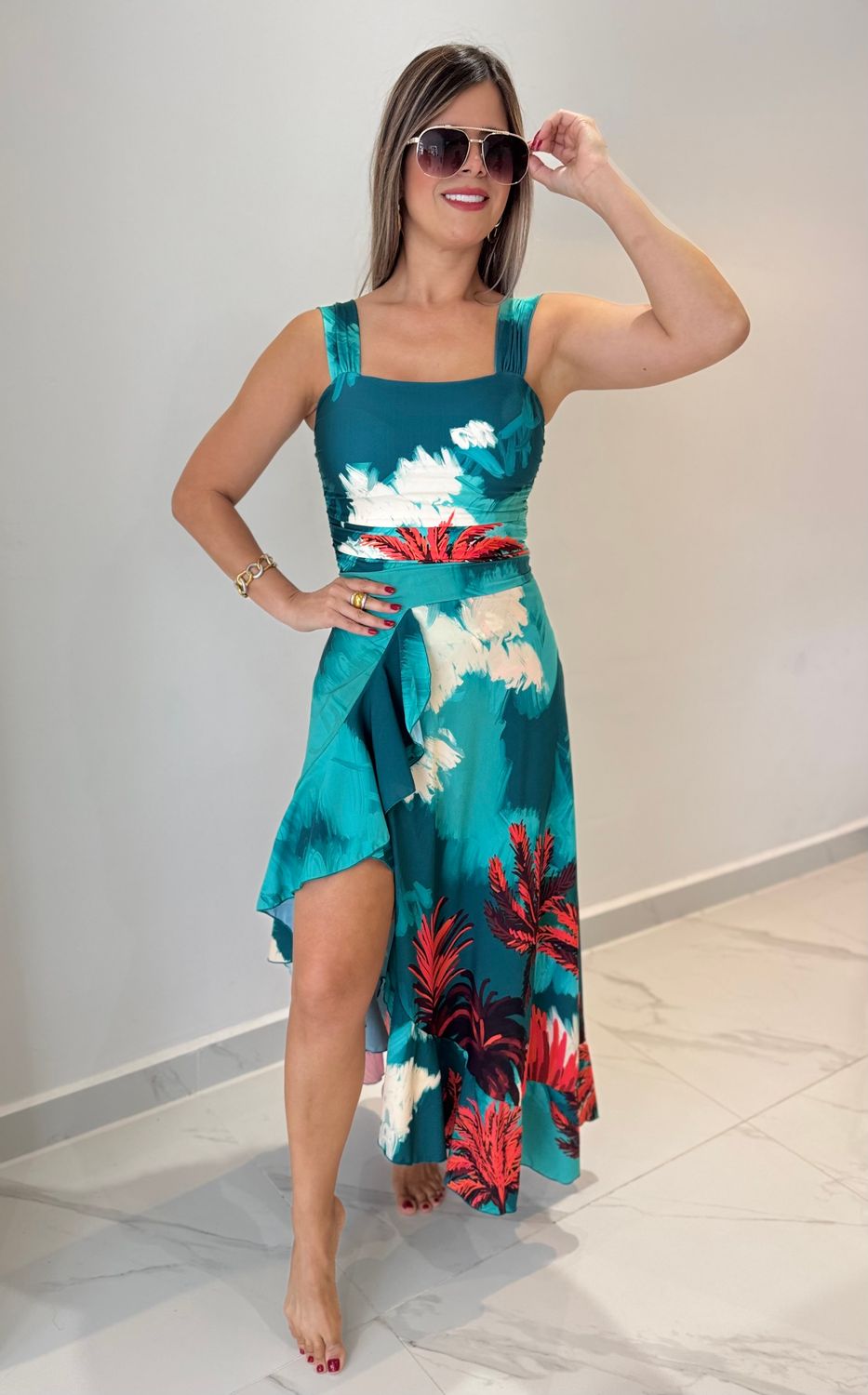 Teal &amp; Red Palm Trees Cover Up Skirt