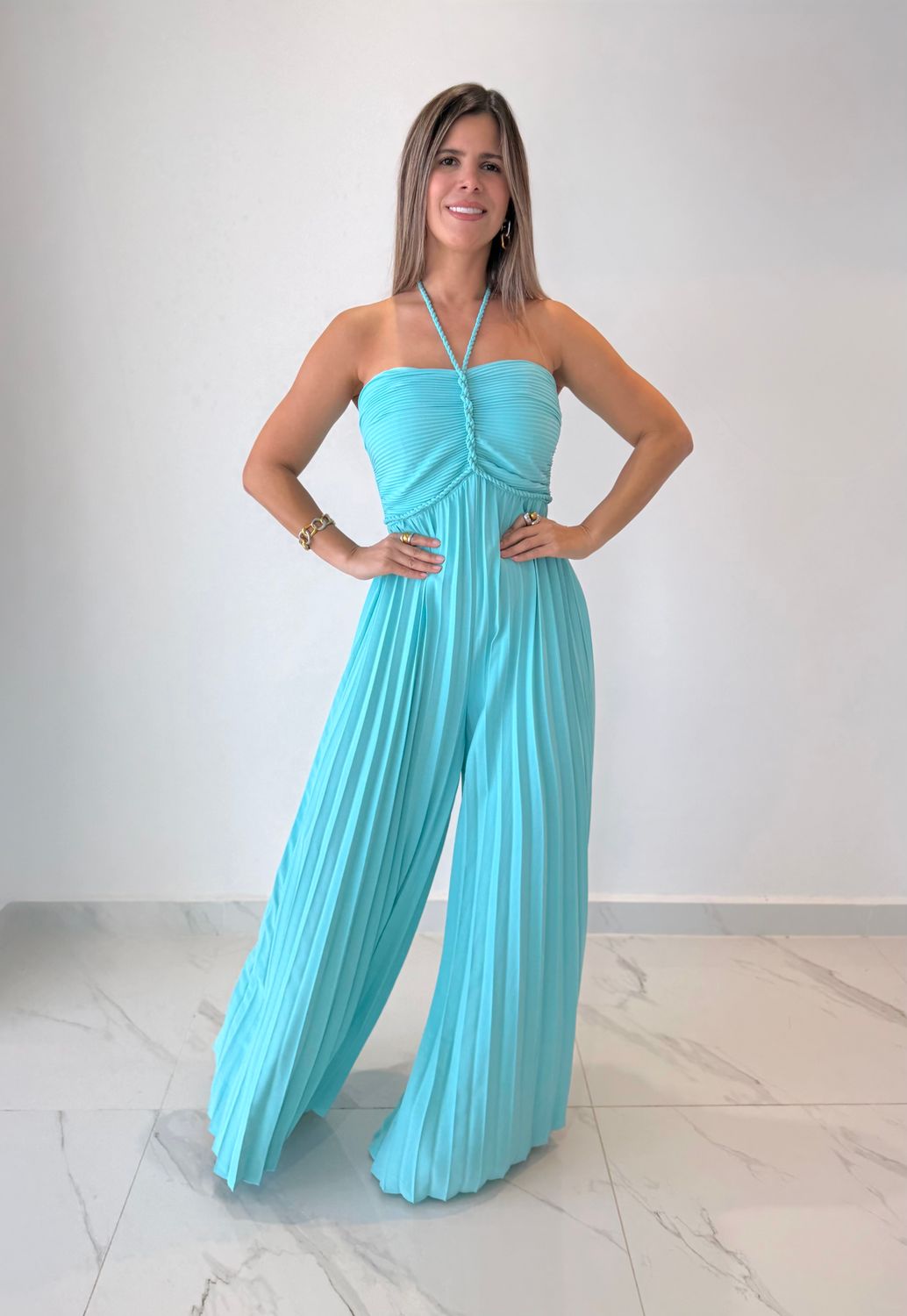Aqua Blue Pleated Jumpsuit